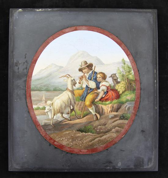 An Italian micro-mosaic plaque depicting peasant goatherds in a mountainous landscape, Rome c.1850, 25.6cm x 23.7cm (10.2in. x 10.3in.)